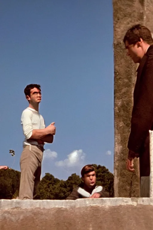 Prompt: a scene of a la giornata ( 1 9 6 6 ) a movie of antonioni starring mastroianni!!!! in the style of the ( ( ( scrovegni chapel by giotto ) ) ). incredibly blue sky. blue sky everywhere. technicolor, grandiose, cinematic, 5 0 mm, highly detailed, romantic