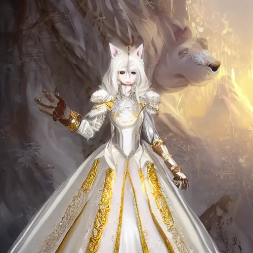 Image similar to commissioned full body portrait of a female anthro furry wolf headed princess fursona with white hair wearing a white and gold armored dress in a white and gold palace, by Wlop and jerry park, artstation, extremely detailed