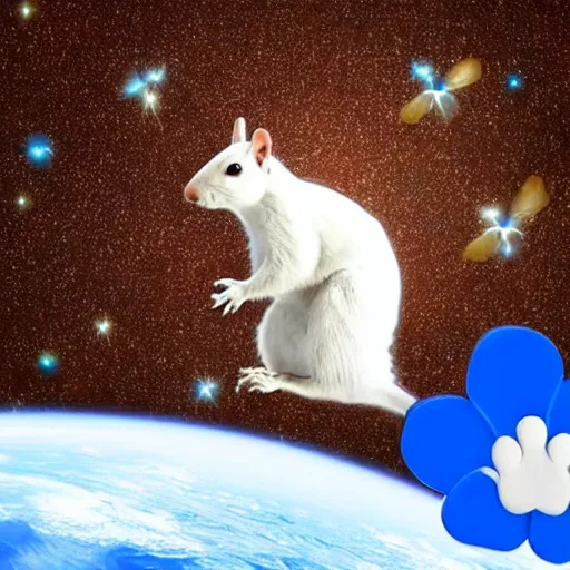 Image similar to A white squirrel on a rocket ship in space and with a blue flower in his paw