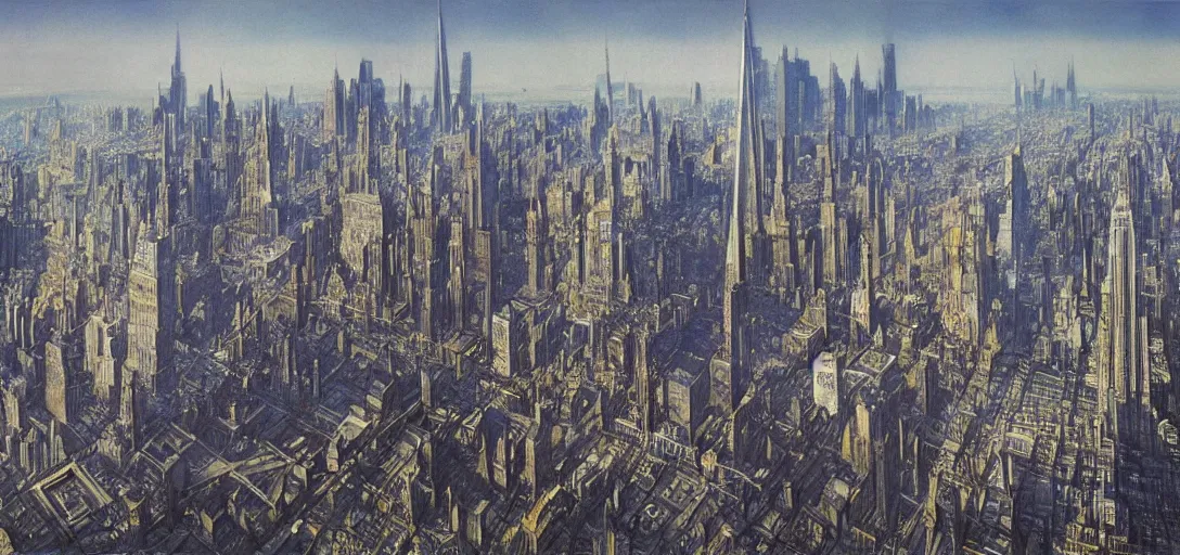 Prompt: Futuristic landscape of New York City in the year 2050 by Alan Lee