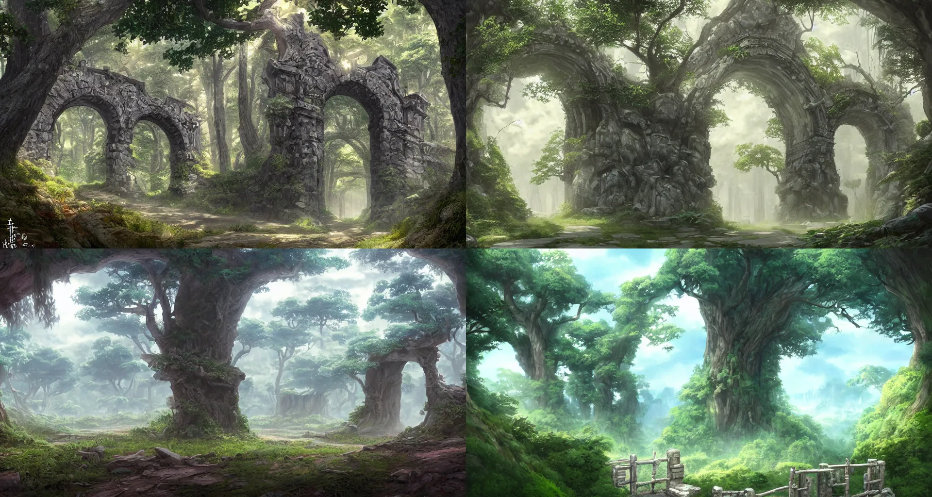 Prompt: a beautiful detailed matte painting of ancient gate around the forest, digital art by studio ghibli, hyper realistic, concept art, futurism, vibrant, detailed, trending on artstation