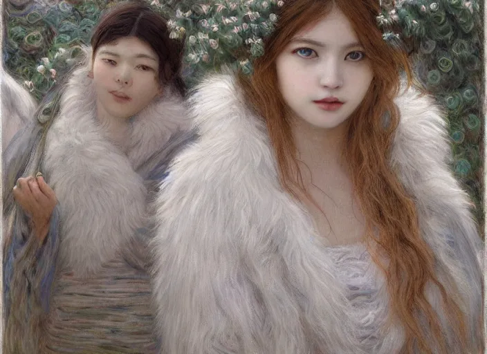 Prompt: people with white fur outside office, portrait face, in the style of jeremy enecio, intricate, miles johnston, monet, cynical realism, john william godward, painterly, yoshitaka amano, miles johnston, louise zhang, pekka halonen, finnish naturalism, realism