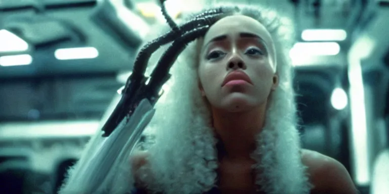 Prompt: film still of doja cat in Alien, xenomorph holding onto her tight, full-shot, 4k