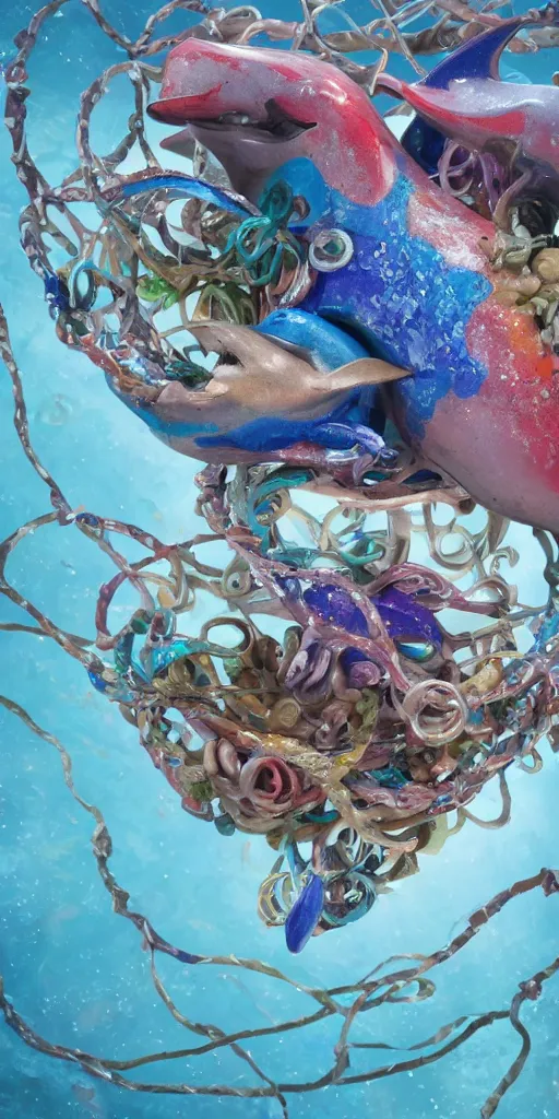 Image similar to closeup photograph of a surrealist sculpture fish intertwined, a lovely cornucopia of flowers and shark, ocean, paint pour, swirling paint, muted color palette, skin tones, highly detailed, octane render, cinematic, super resolution