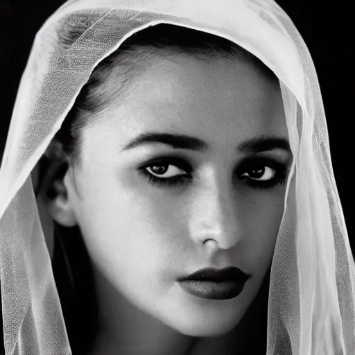 Prompt: black and white vogue closeup portrait by herb ritts of a beautiful female model, persian, veil, high contrast