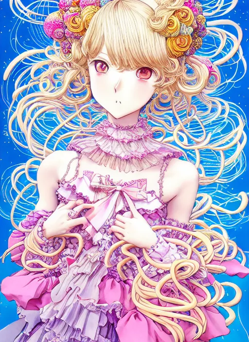 Image similar to manga of beautiful girl, robot, curls hair, rococo ruffles dress, rosette, pastel rainbow, pearlescent, shimmering, prismatic, reflective, rim light, detailed background, by katsuhiro otomo, takeshi obata, takato yamamoto, illustration, artstation, concept art, highly detailed, colorful, maximalist