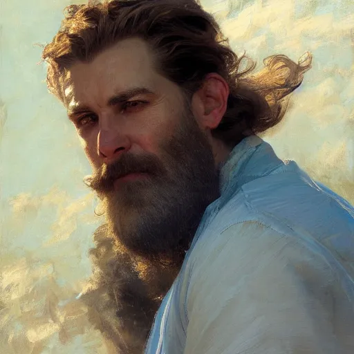 Prompt: detailed cinematic wide shot of beautiful attractive masculine man beard slim face symettrical face clean skin blue eyes white hair, ultra realistic, spring light, painting by gaston bussiere, craig mullins, j. c. leyendecker