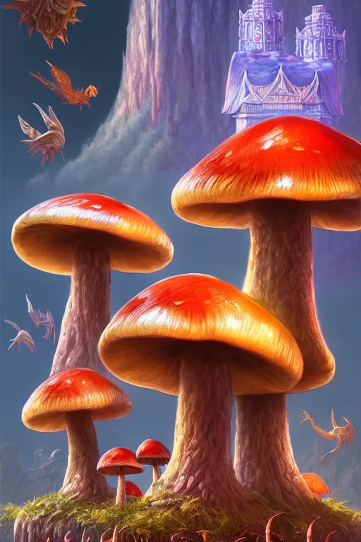 Image similar to mushroom temple, highly detailed, d & d, fantasy, highly detailed, digital painting, trending on artstation, concept art, sharp focus, illustration, global illumination, ray tracing, realistic shaded, art by artgerm and greg rutkowski and fuji choko and viktoria gavrilenko and hoang lap, sunny