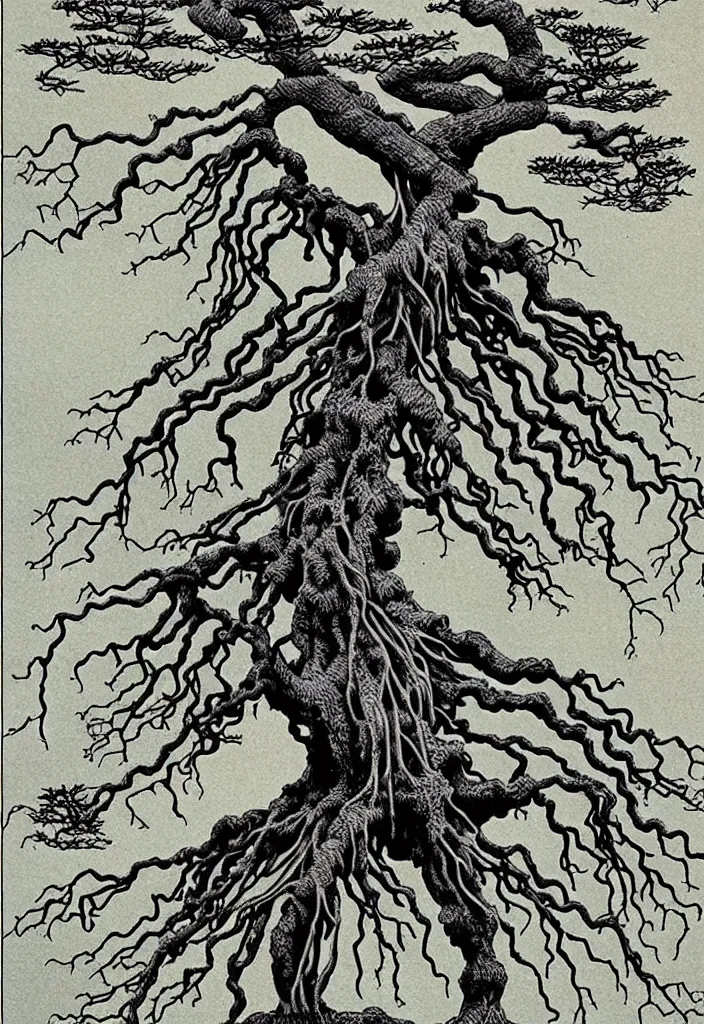 Image similar to prompt: anatomy dissection drawing skeleton Bonsai tree drawn by Takato Yamamoto, bonsai skeleton anatomy atlas, veins and organs attached to tree roots, alchemical objects inspired by 1980's sci-ci, old experimentation cabinet, intricate oil painting detail, manga 1980