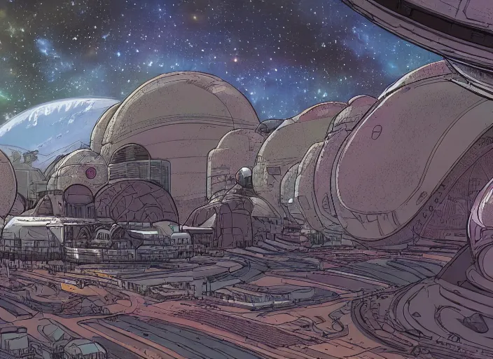 Prompt: close up view of a bustling space port on an alien planet by jeff darrow and moebius, earth and pastel colors, dramatic perspective, highly detailed, ultra realistic, masterpiece, 4 k, 8 k
