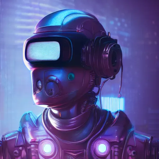 Image similar to cyberpunk concept cool cyborg bot, cinema 4 d, galaxy, ufo, space sci - fi, wearing vr goggles, illustration, portrait, pastel neon textured background night, trending on artstation, greg rutkowski, octane rendered, 1 2 k, detailed,