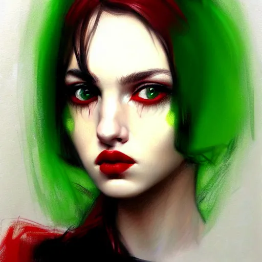 Image similar to a realistic illustration portrait of a beautiful cute girl with curly black and red hair, a pointy nose and, round chin black eyeliner, green pupills, trending on artstation, hyper - realistic lighting, intricate by casey baugh