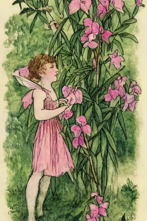 Image similar to a fairy posing with oleander illustration by Cicely Mary Barker