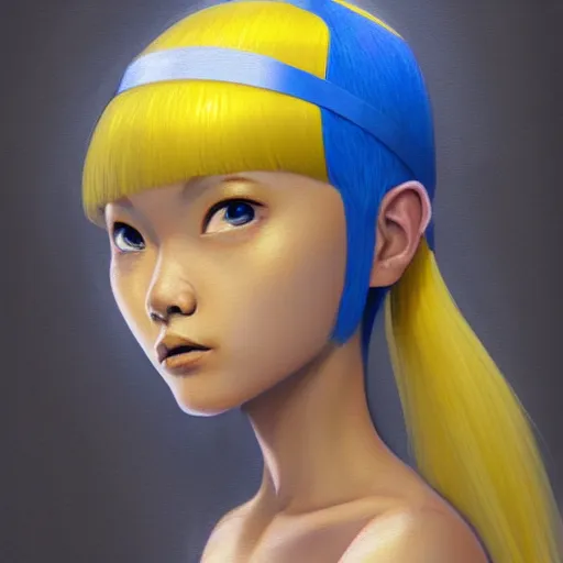 Prompt: filipino girl blue - yellow hair nose tape, intricate, elegant, highly detailed, my rendition, digital painting, artstation, concept art, smooth, sharp focus, illustration, art by aaron horkry and ralph mcquarrie, symmetry!!