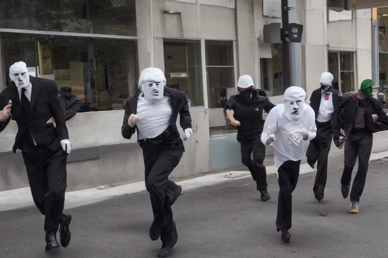 Image similar to bank robbers running out of white bank wearing trump masks by Emmanuel Lubezki