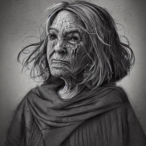 Prompt: portrait, old wrinkled witch. dark clothes. high detail, digital art, masterpiece, concept art, illustration