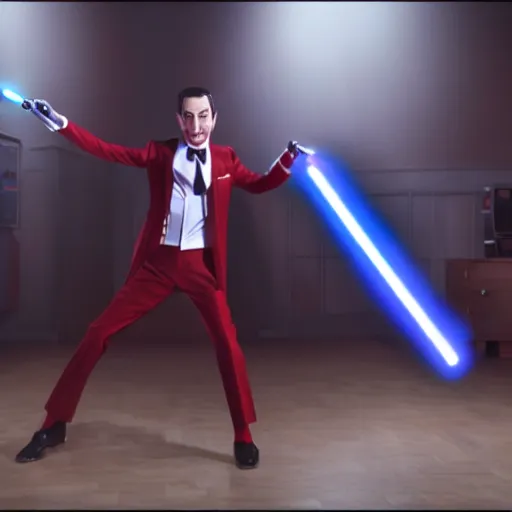 Prompt: Pee-Wee Herman wielding a red lightsaber 4K hdr