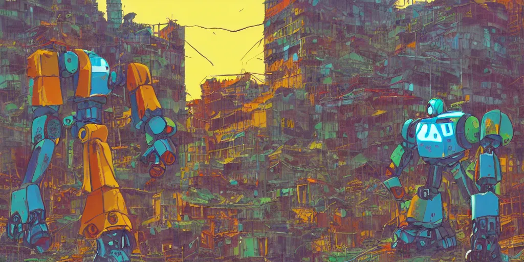 Image similar to colourful - damaged - giant mecha ROBOT of AJEGUNLE SLUMS of Lagos, markings on robot, Golden Hour, in the style of studio Ghibli,