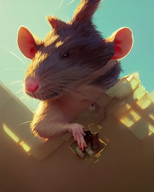 Image similar to highly detailed vfx portrait of a cute little rat, unreal engine, greg rutkowski, loish, rhads, beeple, makoto shinkai and lois van baarle, ilya kuvshinov, rossdraws, tom bagshaw, alphonse mucha, global illumination, detailed and intricate environment