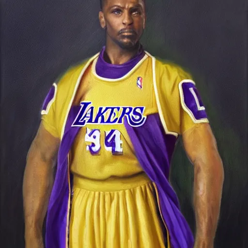 Image similar to full body portrait of saber from fate as the dictator of the los angeles lakers in full military garb, oil on canvas by william sidney mount, trending on artstation