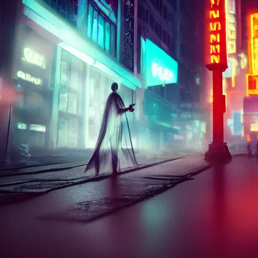 Image similar to Halloween ghost under a sheet, floating ghost, cigarette smoke, floating over futuristic metropolis sidewalk, at night, bright neon city lights, blade runner, trending on artstation, matte finish, volumetric lighting, 8k, 4k