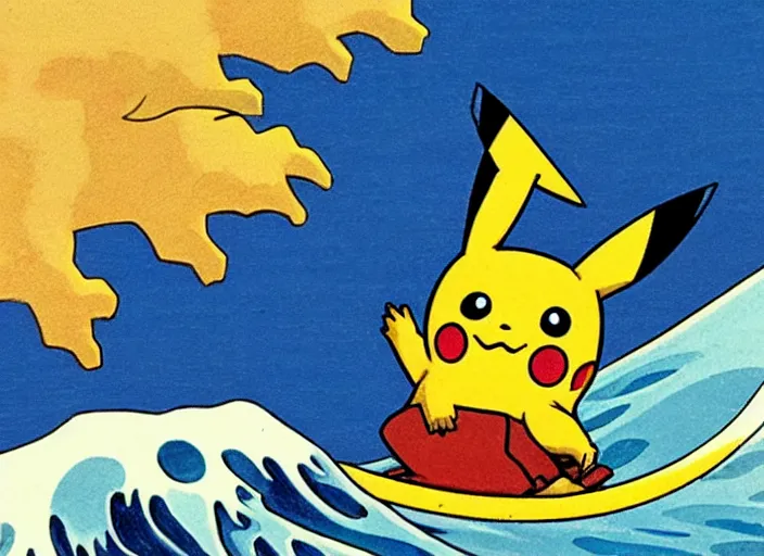 Image similar to pikachu surfing on the great wave off kanagawa