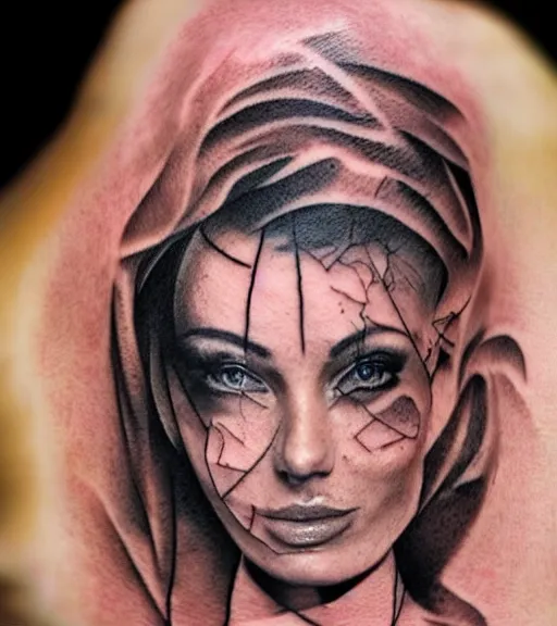 Image similar to realism tattoo sketch of a isabelledeltore face double exposure mountain scenery, in the style of matteo pasqualin, amazing detail, sharp, faded