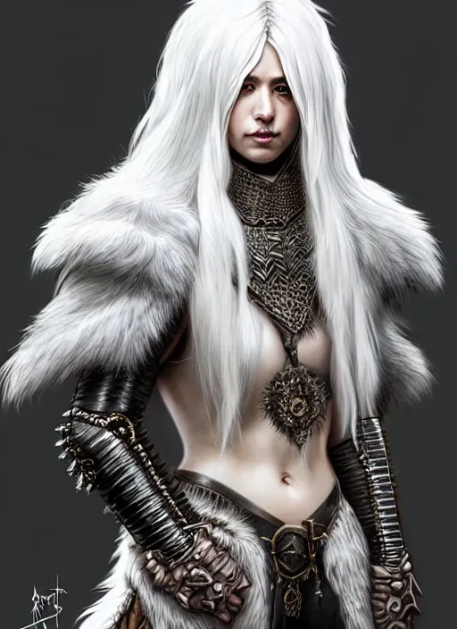 Image similar to fur coated armor!!! long wild white hair!! covered chest!!! fantasy, d & d, intricate ornate details, symmetry, concept art, sharp focus, illustration, art by artgerm! greg rutkowski magali villeneuve wlop! ilya kuvshinov!!, octane render, unreal engine 5, highly rendered!!