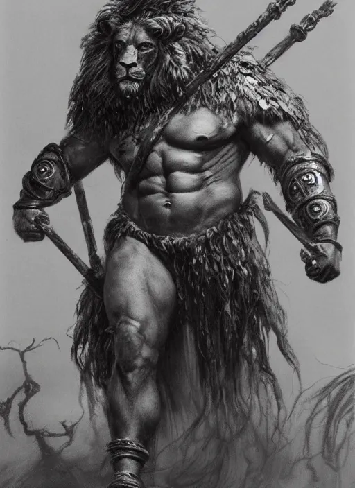 Prompt: hercules in lion ornamented armor, wearing cape, beksinski, hercules concept art, weta workshop concept art