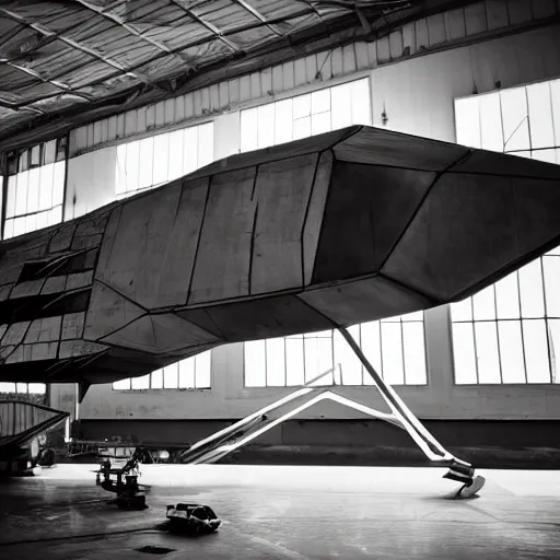 Image similar to large angular spaceship sitting in a poorly lit hanger futuristic gritty dystopian