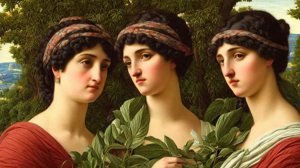 Image similar to portrait of two women surrounded by nature, in the style of john william godward, intricate details, high detail, super - flat, art nouveau, face symmetry, masterpiece, sharp focus