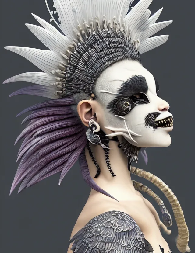 Image similar to 3 d goddess close - up profile simple portrait punk with mohawk with goat skull. beautiful intricately detailed japanese crow kitsune mask and clasical japanese kimono. betta fish, jellyfish phoenix, bio luminescent, plasma, ice, water, wind, creature, artwork by tooth wu and wlop and beeple and greg rutkowski