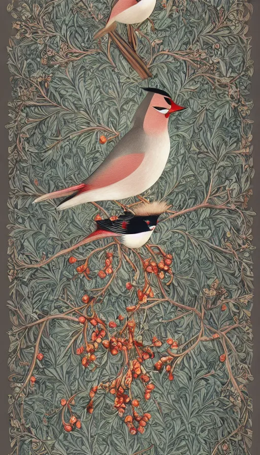 Image similar to ethereal bohemian waxwing bird, bombycilla garrulus + intricate details, ornate, detailed illustration, octane render + johanna rupprecht style, william morris style + trending on artstation.