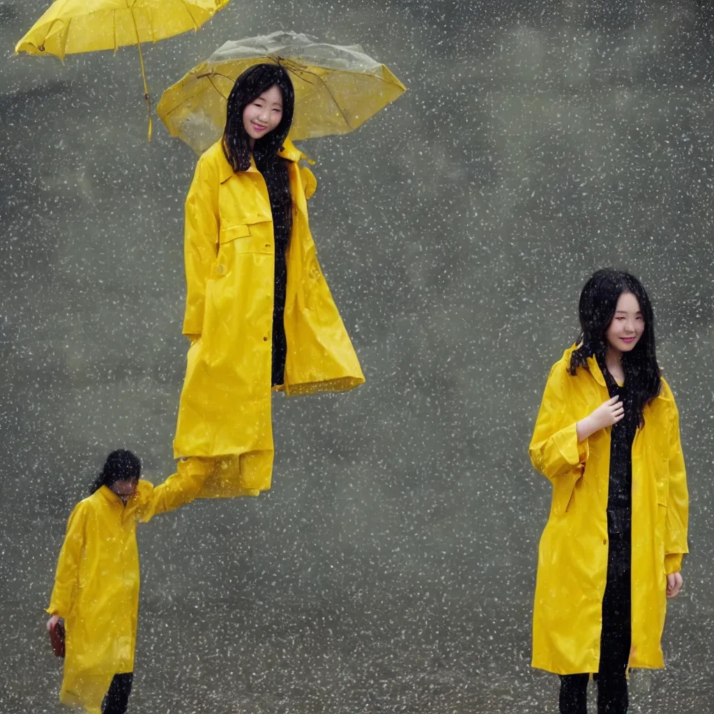 Prompt: of a Chinese girl in yellow rain coat.