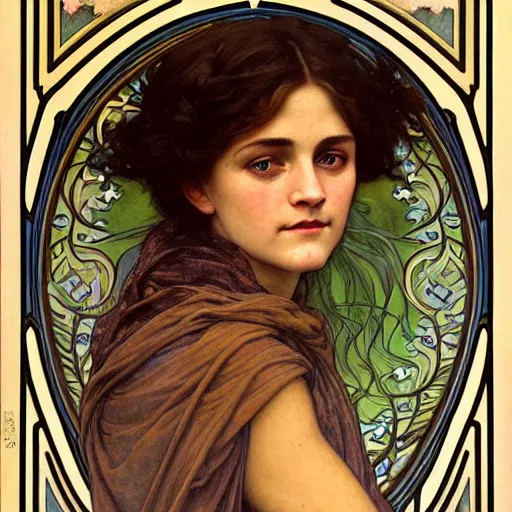 Image similar to detailed portrait art nouveau painting of the goddess of the soil, backlit, who resembles Saoirse Ronan, Kate Moss, and Emma Watson with anxious, piercing eyes, by Alphonse Mucha, Michael Whelan, William Adolphe Bouguereau, John Williams Waterhouse, and Donato Giancola