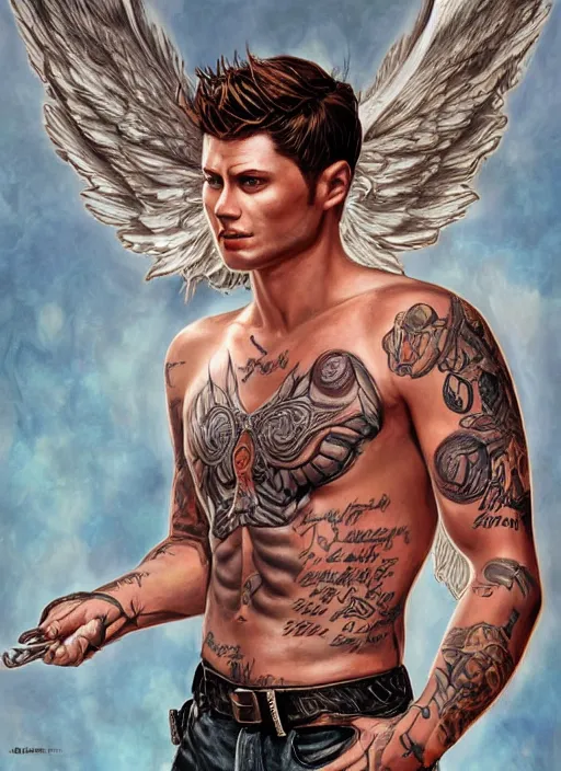 Prompt: Portrait of Dean Winchester as an angel warrior , angelical runes tattoed all over his body, intricate body, whole body, highly detailed, digital painting, artstation, concept art, smooth, sharp focus, illustration, art by Hajime Sorayama