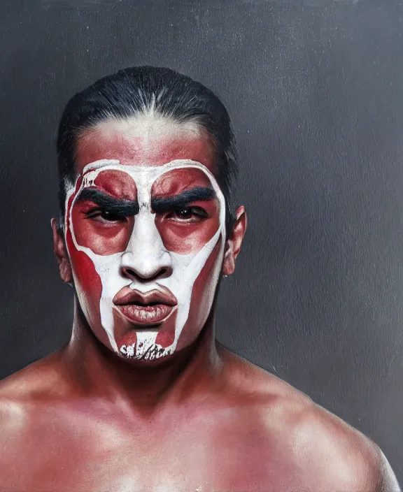 Image similar to heroic portrait of a young mexican wrestler. art by denys tsiperko and bogdan rezunenko, hyperrealism