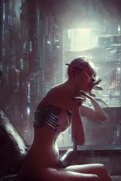 Image similar to a cyberpunk woman awakening from a test tube, opening her eyes for the first time, conceiving the dystopian world around her, illustrated by greg rutkowski, roger magrini, and leticia gillett, intricately defined, complexly detailed, dramatic lighting, envious atmosphere, daz 3 d, unreal engine 5, cgsociety contest winner, 4 k