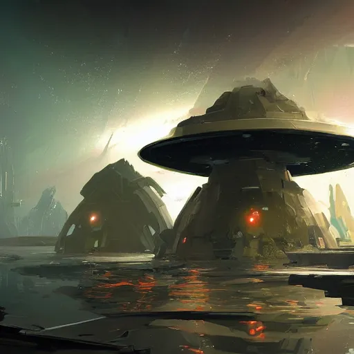 Image similar to black market artificial island, platform floating in abyssal space, atmosphere dome, mega construction, style theo prins