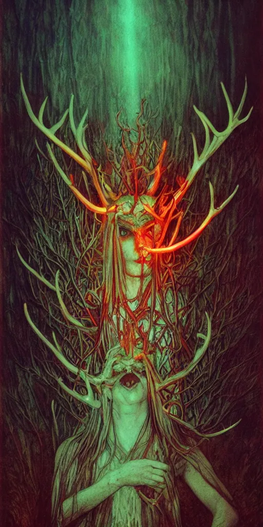 Prompt: intense glowing black metal pagan god with antlers and veins and intense glowing eyes in very dark forest by h r giger and beksinski and alphonse mucha, portrait, fantasy, clear, red and teal and yellow, light beams, lens flare, intense, uhd, amazing depth, cinematic lighting