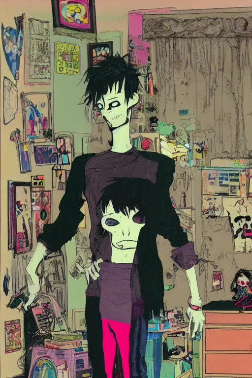 Image similar to a skinny goth guy standing in a cluttered 9 0 s bedroom by jamie hewlett, back view, jamie hewlett art, full body character concept art, vaporwave colors,