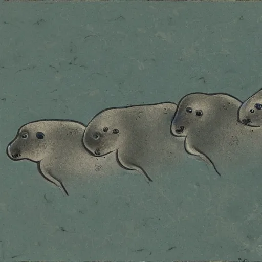 Image similar to three baby seals, Neanderthal cave painting