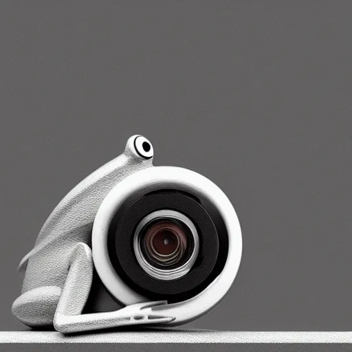 Prompt: cyborg frog with a camera lens as a head, clean design, front profile, monochromatic photo