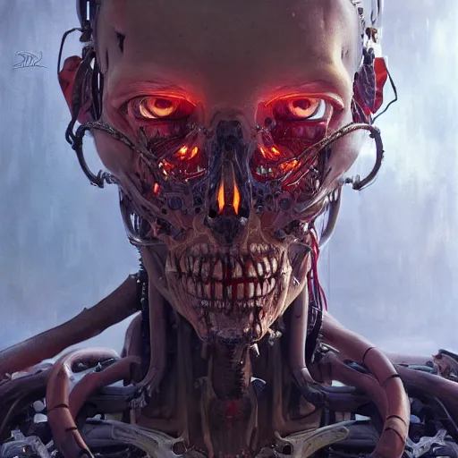 Image similar to portrait painting of a biomech cyborg zombie, ultra realistic, concept art, intricate details, eerie, highly detailed, photorealistic, octane render, 8 k, unreal engine. art by artgerm and greg rutkowski and alphonse mucha
