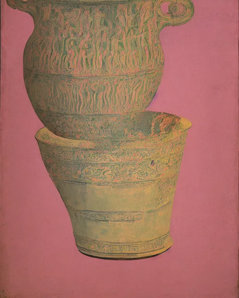 Image similar to achingly beautiful print of intricately painted ancient greek krater on a pink background by rene magritte, monet, and turner.