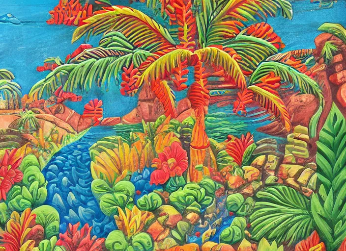 Image similar to colorized stylized bas relief sculpture of a tropical paradise in mexico folk art style