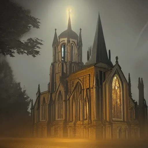 Image similar to victorian church in the middle of the city, dark, misty, at night, 8 k, detailed, concept art, trending on artstation