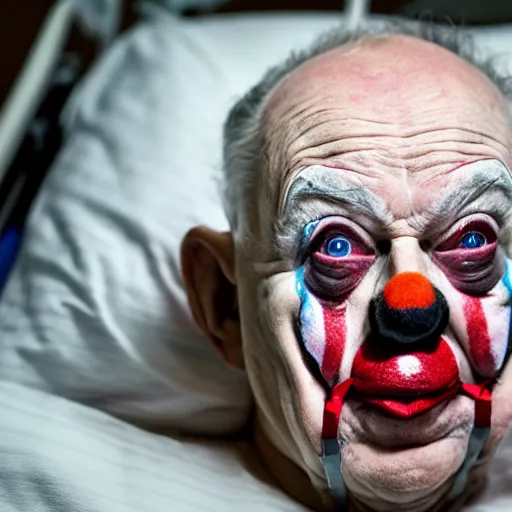 Prompt: insane elderly clown supine in hospital bed, strapped into bed with restraints, trying to get out but unsuccessful, photograph, 8 k