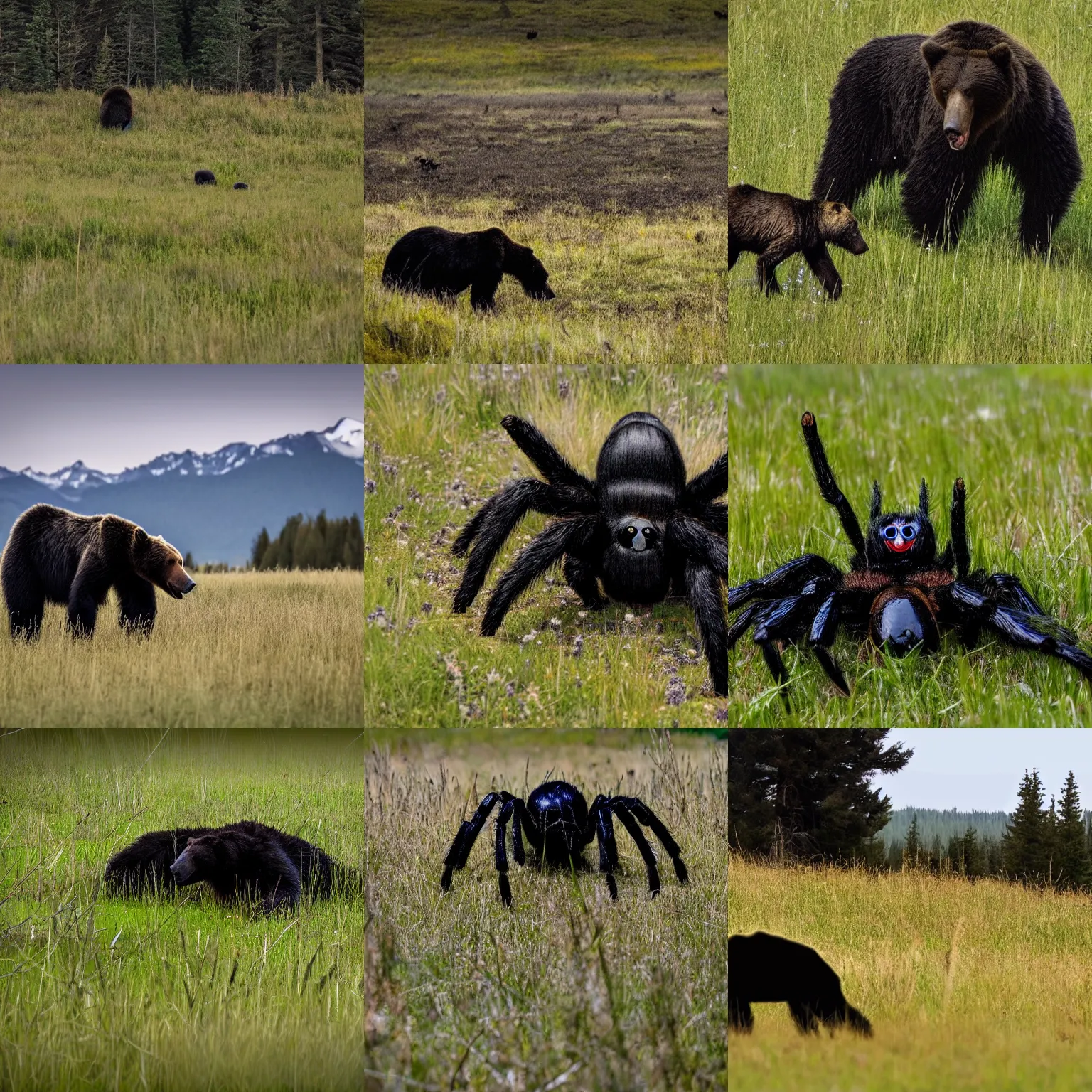 Prompt: photo of a giant black spider arachnid in a meadow with a grizzly bear in the distance, spider legs large