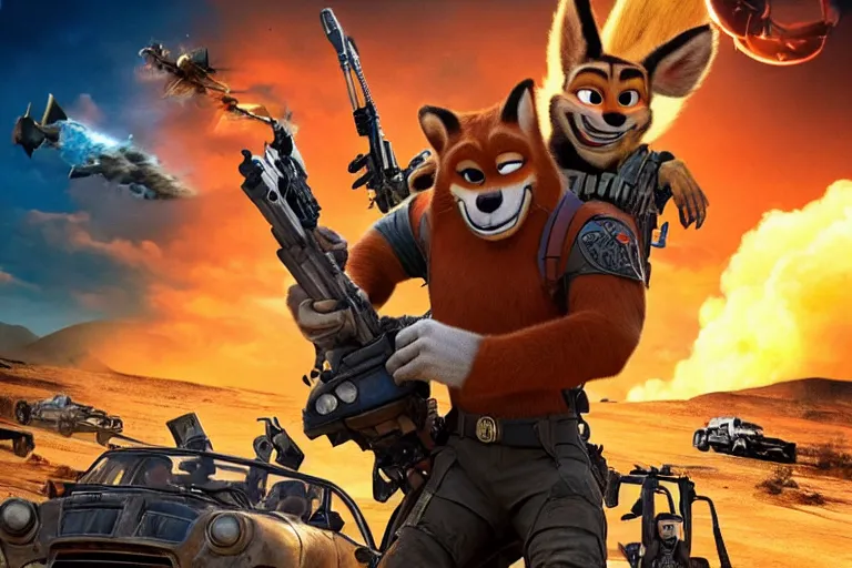 Image similar to nick wilde, heavily armed and armored facing down armageddon in a dark and gritty reboot from the makers of mad max : fury road : witness me